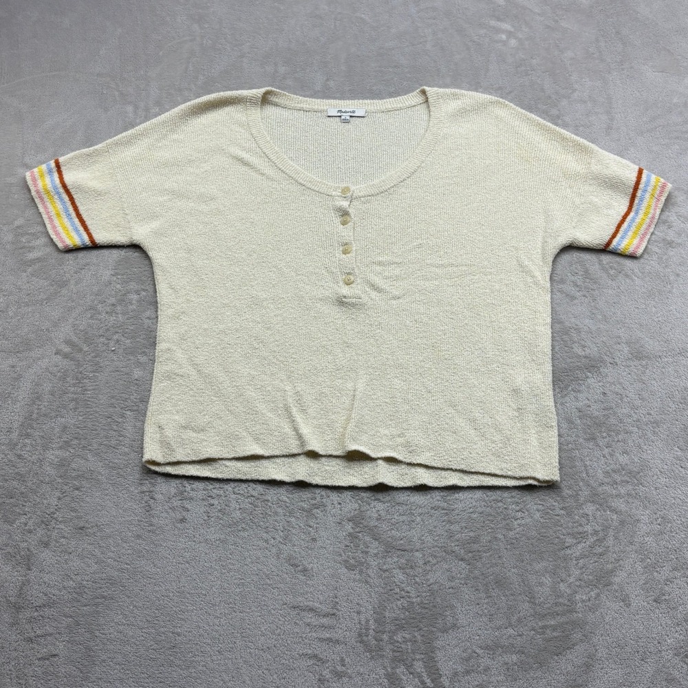 Madewell Henley Sweater Tee Women's L Ivory Rainbow Retro Boho Preppy Coastal